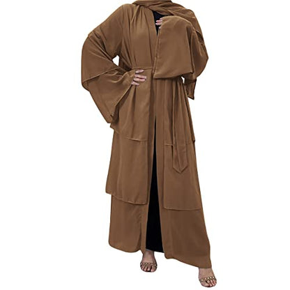 Muslim Chiffon Abaya for Women Open Front Cardigan Modest Dress with Hijab Scarf Middle East Arabian Robe Islamic Long Dress - color: Brown, size: Medium