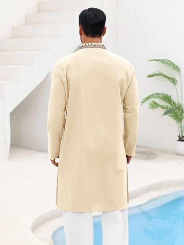 Runcati Mens Kaftan Thobe Cotton Henley Shirt Long Sleeve Embroidery Robe Casual Kurta Muslim Gown Shirt - color: Apricot, size: Medium