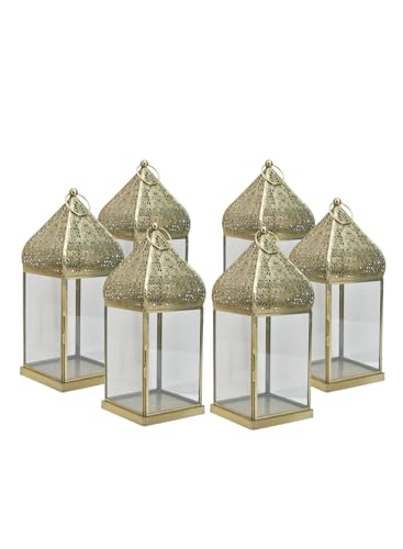 Serene Spaces Living 12" Moroccan Lantern, Gold Ornate Candle Lantern, Vintage Candle Holder, Table Centerpiece, Decorative Candle Lantern Holders for Indian-Inspired Wedding, Eid, Ramadan, Pack of 6 - color: Gold Metal With Glass Panel, size: Large, Pack