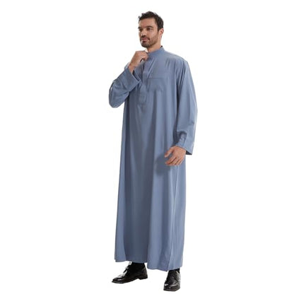 IWEMEK Muslim Thobe for Men Kaftan Thobe with Pockets Middle East Saudi Arabic Robe Ramadan Caftan Dubai Islamic Abaya Dress - color: Blue, size: Small