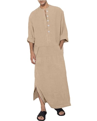 Jacansi Men's 65% Cotton 35% Linen Long Sleeve Kaftan, Button Down Ankle Length Thobe with Side Split & Pocket - color: Khaki, size: Medium