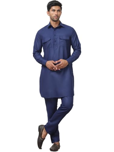 Maple Clothing Punjabi Kurta Pajama Set Pathani Mens Cotton Indian Clothes Bollywood Outfit - color: Navy Blue, size: Small