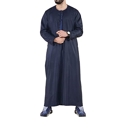 Mens Thobe Jubba Islamic Clothing Muslim Kaftan Emirati Omani Robe Arab Tassel - color: Navy, size: Medium