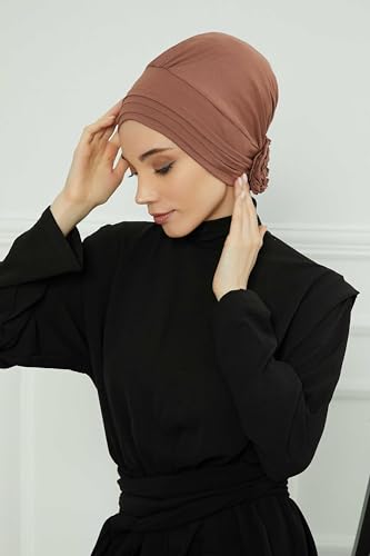 Aisha's Design Instant Turban Head Wraps for Women, Combed Cotton Scarf Lightweight Pre tied Hijab with Back Rose Detail - color: Caramel Brown