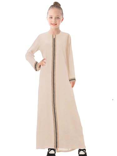 WSPLYSPJY Kids Girls Gold Embroidered Muslim Dress Abaya Long Sleeve Eid Robe Prayer Clothes - color: Light Khaki, size: 7-8 Years