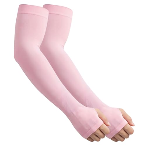 Cooling Arm Sleeves with Thumb Hole for Men & Women, UV Sun Protection Compression Sleeves for Outdoor - color: Light Pink