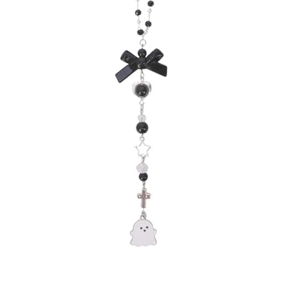 Halloween Car Rearview Mirror Charm - Y2K Gothic Cute Ghost Pendant Beaded Hanging Charms, Coquettte Black Bowknot Cars Decor, Interior Ornament Gift for Women Men Driver - style: Ghost