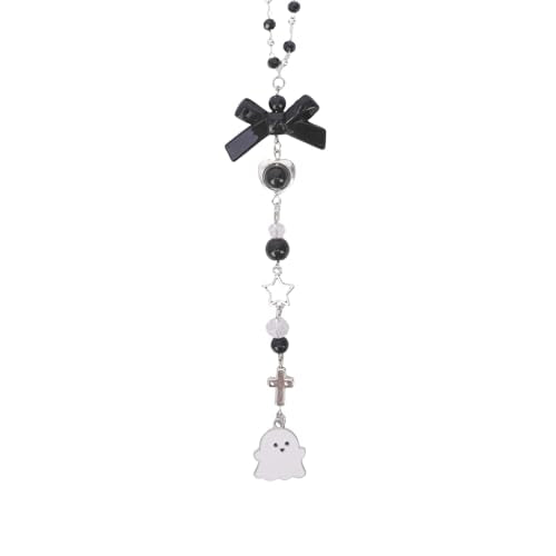 Halloween Car Rearview Mirror Charm - Y2K Gothic Cute Ghost Pendant Beaded Hanging Charms, Coquettte Black Bowknot Cars Decor, Interior Ornament Gift for Women Men Driver - style: Ghost