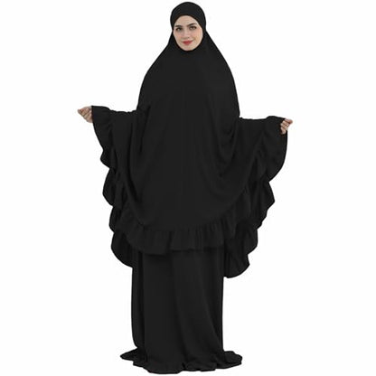2PCS Women Muslim Prayer Abaya Dress Ruffle Trim Side Pockets with Khimar - color: Black, size: Large