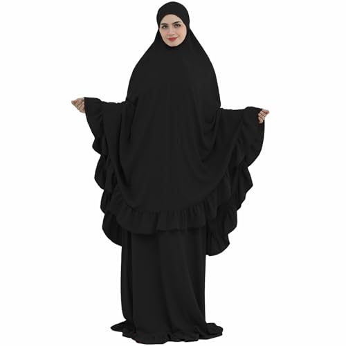 2PCS Women Muslim Prayer Abaya Dress Ruffle Trim Side Pockets with Khimar - color: Black, size: Large