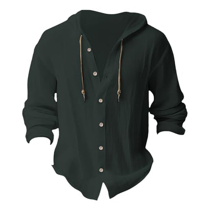 Linen Shirts for Men Casual Button Shirt Summer Cotton Linen Hoodie Beach Long Sleeve Shirts Top with Hood - color: A1-army Green, size: Medium