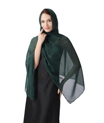 OurLore Chiffon Shawls Wraps for Women Sheer Glitter Scarf Sparkly Rhinestones Shoulder Sarong Cover Up Hijab for Wedding - color: Dark Green