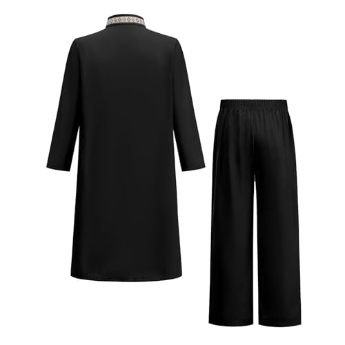 ODIZLI Toddler Boys Muslim Long Sleeve Kaftan Abaya and Pants With Pockets Saudi Arabic Dubai Outfits for Eid Ramadan - color: Black, size: 6-7 Years