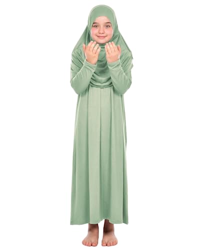 Prien Kids Prayer Dress Muslim Clothes for Girls Long Sleeve Abaya with Hijab Two Piece Maxi Islamic Set Scarf Kaftan Jilbab - color: Mint