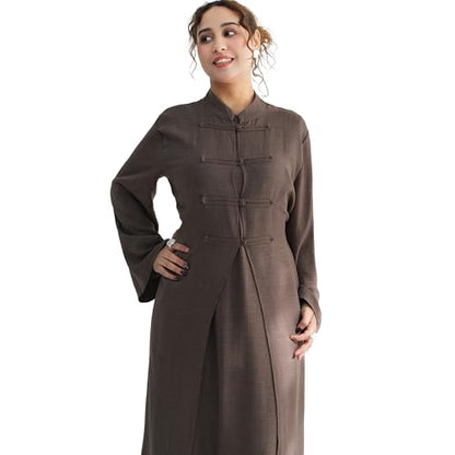 Lenmipot Elegant Middle Eastern Abaya 2pcs Stand Collar Maxi Dress for Women Muslim Jilbab Kaftan Eid Dubai Abaya Outfits - color: Mochaa, size: Large