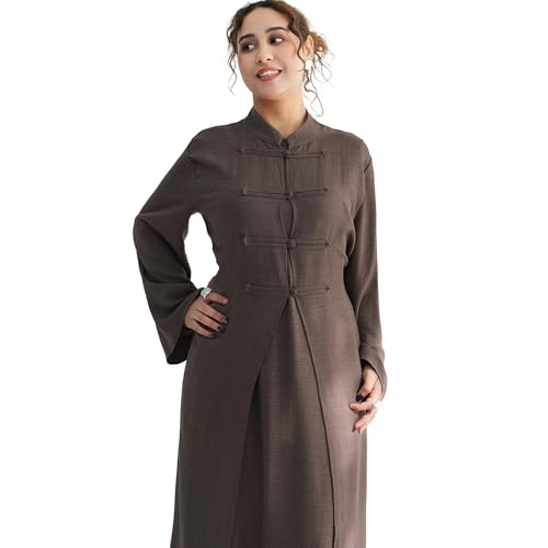 Lenmipot Elegant Middle Eastern Abaya 2pcs Stand Collar Maxi Dress for Women Muslim Jilbab Kaftan Eid Dubai Abaya Outfits - color: Mochaa, size: X-Large