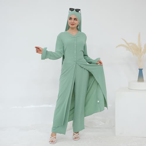 IDOPIP Muslim Women 2-Piece Set Long Sleeve Ramadan Islamic Abaya Dress Shirt with Pants Loose Fit Casual Dubai Prayer Outfit - color: Green, size: X-Large-XX-Large