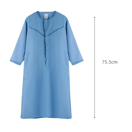 ITODA Embroidered Muslim Arabic Thobe Long Sleeve Kaftan Islamic Ramadan Prayer Robe - color: Blue
