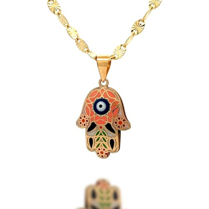 14K Solid Gold Pendant Necklace Hand-Painted Abstract Hamsa Hand and Allah Calligraphy (Evil Eye) - Gift for Men, Women, Daughter, Son, Unisex Adults, Kids - color: Orange Evil Eye in Hamsa Hand, style: Pendant w/ Cuban Link 20"