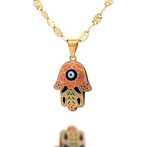 14K Solid Gold Pendant Necklace Hand-Painted Abstract Hamsa Hand and Allah Calligraphy (Evil Eye) - Gift for Men, Women, Daughter, Son, Unisex Adults, Kids - color: Orange Evil Eye in Hamsa Hand, style: Only Pendant
