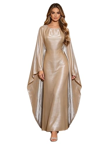 Shinsto Women Satin Prayer Dress Kaftan Robe Musulmane Femme Flashy Gown Luxury Party Wear Nightclub Outfit - color: Khaki, size: 2