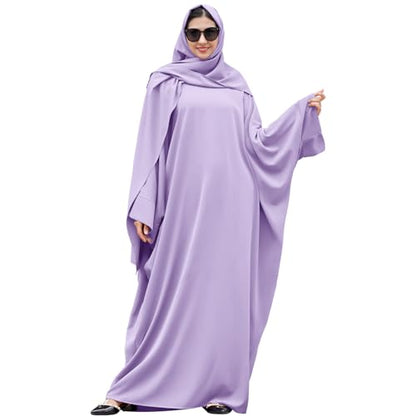 IDOPIP Abayas for Women Muslim Dress with Hijab, One-Piece Long Sleeve Islamic Prayer Dress with Khimar Jilbab Kaftan Clothes - color: Light Purple + Hijab