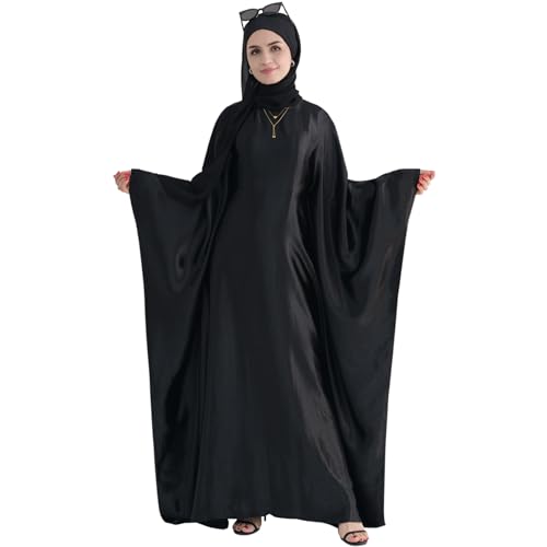 Abaya Muslim Dress Women Satin Prayer Dress Batwing Long Sleeve Middle East Arabian Robe with Hijab - color: Black, size: Size 1