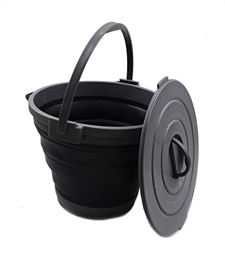 SAMMART 10L(2.64Gallon) Collapsible Fishing Bucket with Locking Lid - Foldable Round Tub - Portable Plastic Water Pail - Space Saving Outdoor Waterpot (Grey/Black) - color: Grey/Black