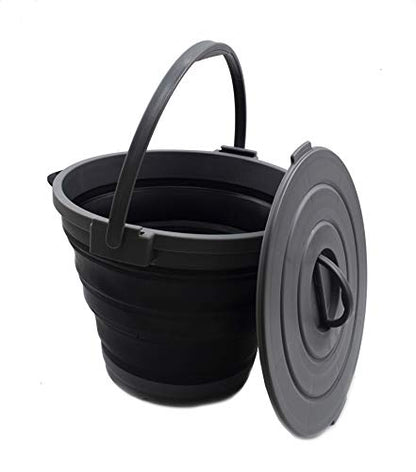 SAMMART 10L(2.64Gallon) Collapsible Fishing Bucket with Locking Lid - Foldable Round Tub - Portable Plastic Water Pail - Space Saving Outdoor Waterpot (Grey/Black) - color: Grey/Black