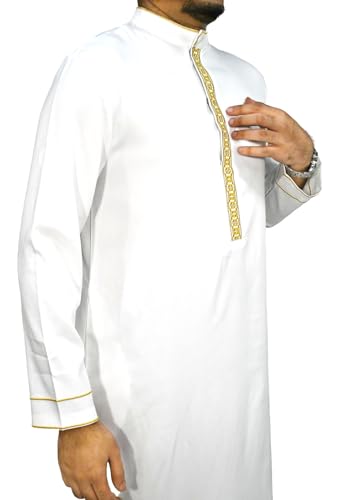 Traditional Men's Long Sleeve Thobe With Gold-tone Embroidery And Ankle Length Design - size: X-Large