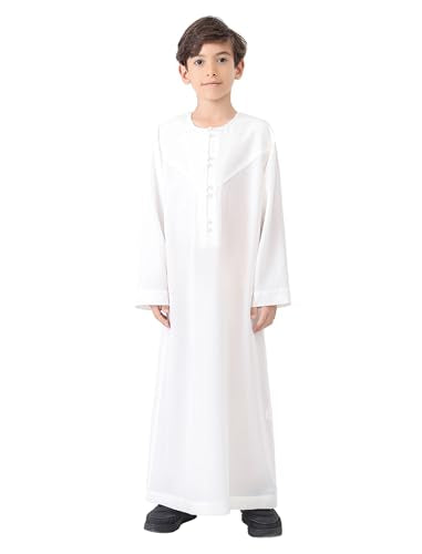 IDOPIP Muslim Thobe for Boys Kids Long Sleeve Islamic Arabic Kaftan Robe Middle East Dubai Prayer Dress Clothes with Pockets - color: White, size: 5-6 Years