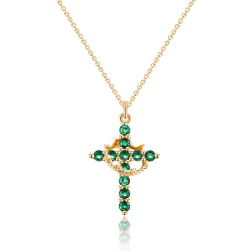 Robaice Upgraded Crown Cross Necklace for Women, 14K Gold Plated - color: M05 Emerald Green, May