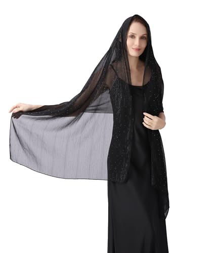 OurLore Chiffon Shawls Wraps for Women Sheer Glitter Scarf Sparkly Rhinestones Shoulder Sarong Cover Up Hijab for Wedding - color: Black
