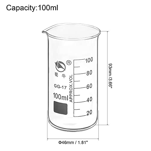 PATIKIL 100ml Tall Form Glass Beaker, 2 Pack 3.3 Borosilicate Glass Graduated Printed Scale Measuring Cups with Spout for Kitchen Lab Liquids Transit Boiling - size: 100ml