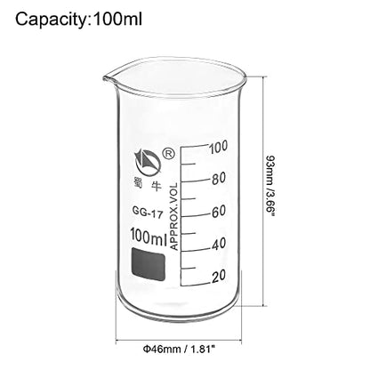 PATIKIL 100ml Tall Form Glass Beaker, 2 Pack 3.3 Borosilicate Glass Graduated Printed Scale Measuring Cups with Spout for Kitchen Lab Liquids Transit Boiling - size: 100ml