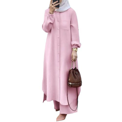Women's Muslim 2 Pieces Sets Long Sleeve Button Down Shirt and Pants Abaya Casual Dress Dubai Outfits - color: Pink, size: Medium