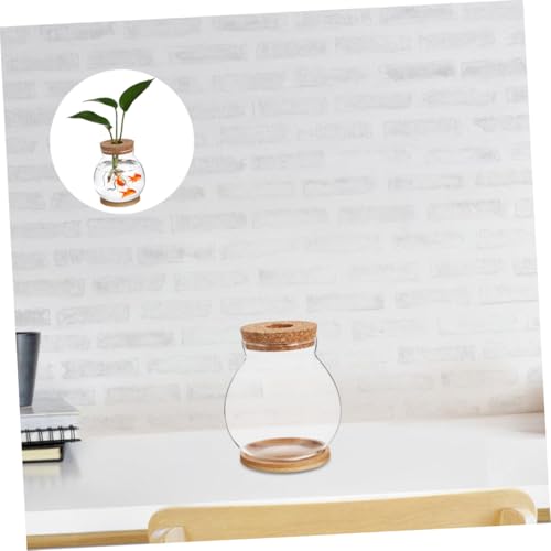 Happyyami Small Fish Bowl with Wood Lid Hydroponic Glass Mini Aquarium 10x11cm with Mat Desktop Fish Tank and Home Office Decor