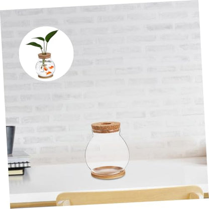 Happyyami Small Fish Bowl with Wood Lid Hydroponic Glass Mini Aquarium 10x11cm with Mat Desktop Fish Tank and Home Office Decor