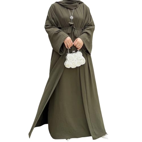 2PCS Women's Muslim Dresses Abaya Islamic Dubai Prayer Dress Robe Long Cardigan Maxi Dress - color: Army Green, size: Medium
