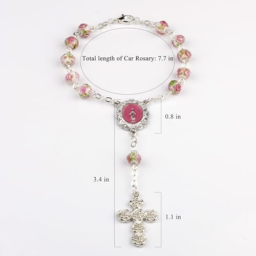 8mm Murano Rose Beads Catholic Virgin Mary Car Rosary for Rearview Mirror with Gift Box - color: White & Pink