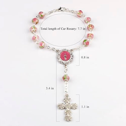 8mm Murano Rose Beads Catholic Virgin Mary Car Rosary for Rearview Mirror with Gift Box - color: White & Pink