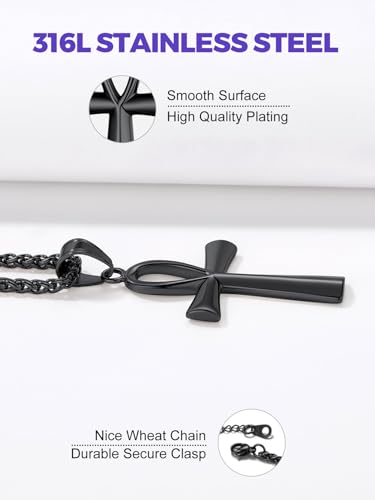 Richsteel Stainless Steel/Gold/Black Plated Ankh Cross Pendant Necklace for Men Women with Wheat Chain Religious Jewelry(with Gift Box) - color: 03-Black Ankh