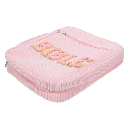 Bible Organizer Carrying Case for Religious Books and Temple Scriptures, Dustproof Corduroy Cover with Zippered Pocket, Pen Slots, and Handle, Stylish Pink Church Bible Storage Bag