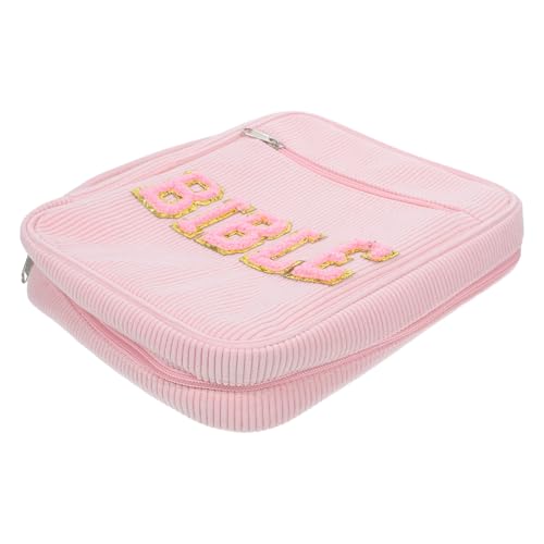 Bible Organizer Carrying Case for Religious Books and Temple Scriptures, Dustproof Corduroy Cover with Zippered Pocket, Pen Slots, and Handle, Stylish Pink Church Bible Storage Bag