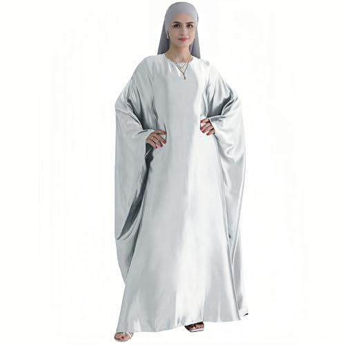 Abaya Muslim Women Dress Satin Batwing Sleeve Kaftan Maxi Arabian Dubai Islamic Ramadan Prayer Dress with Hijab Scarf - color: Grey