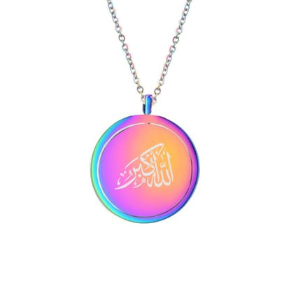 Religious Christian Cross/Freemasonry/Mountain Forest Jewelry 25mm Stainless Steel Round ID Tag Spinner Pendant Necklaces,Hiking Camping Lover Gift - style: Rainbow-Allah O Akbar Islam