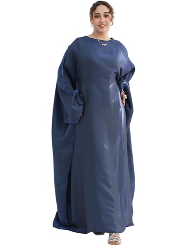 Dubai Bat Sleeve Dress Shiny Robe for Women Muslim 1pc Abaya Eid Prayer Clothes Soft Dubai Travel Party Dress Maxi Abaya - color: Navya, size: Medium