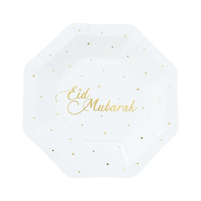 Eid Mubarak Party Disposable Tableware Set for Festive Celebrations, Parties, Muslim New Year - 8 Plates, 8 Cups, 20 Napkins, 1 Banner, 8 Desserts Plates (White)