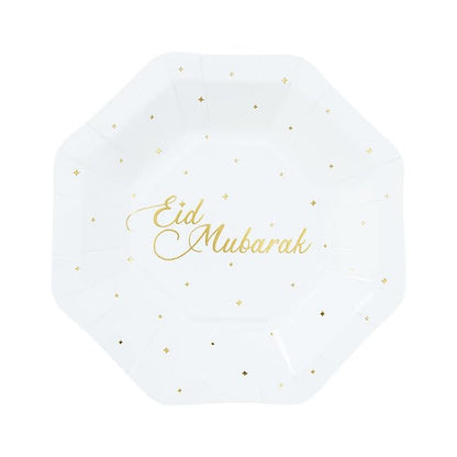 Eid Mubarak Party Disposable Tableware Set for Festive Celebrations, Parties, Muslim New Year - 8 Plates, 8 Cups, 20 Napkins, 1 Banner, 8 Desserts Plates (White)