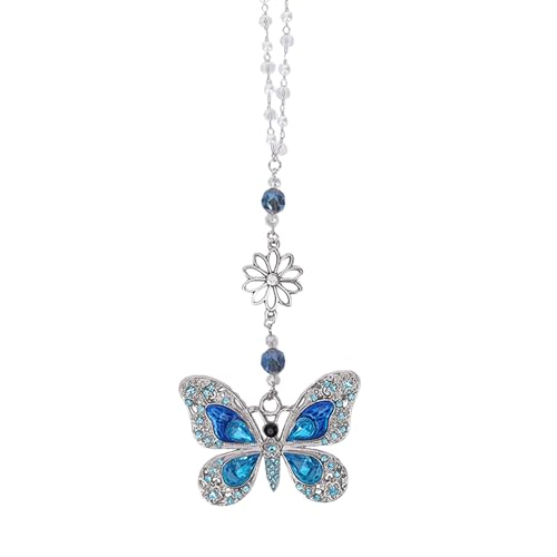 Rear View Mirror Accessories Car Charms - Blue Butterfly Resin Crystal Rhinestone Hanging Pendant, Cute Sun Catcher Accessory, Halloween for Mom Driver Friends - color: blue